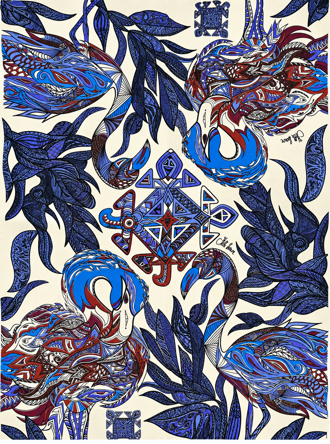 Kaschmir XL Schal „FLAMINGO GARDENS“ Limited Edition / Creme, Blues & Cabernet