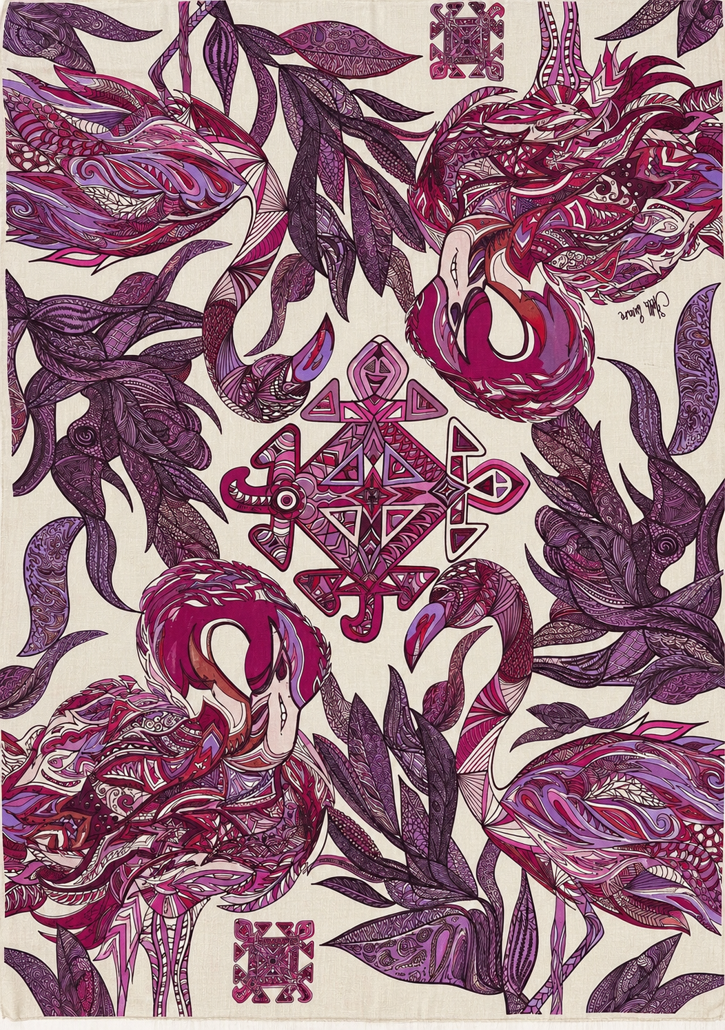 Kaschmir XL Schal „FLAMINGO GARDENS“ Limited Edition / Cashmere Beige & Plum & Berry tones