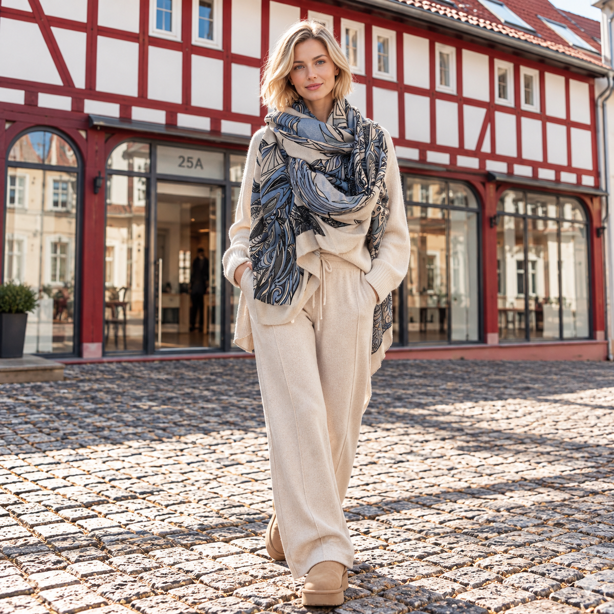 FLAMINGO GARDEN - Kaschmir Cape/Stola - sanfte cashmere  beige, grau und blau Töne - Limited Edition #3