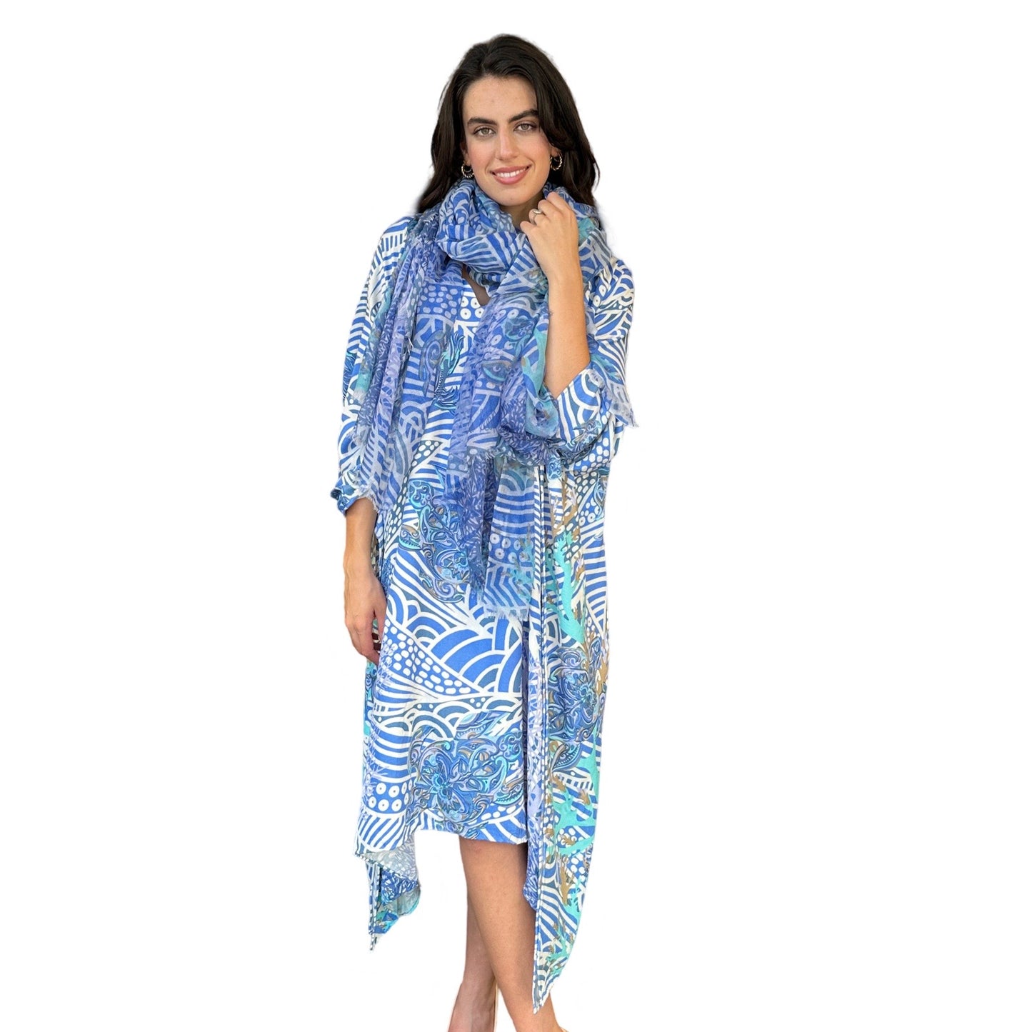 DEEP OCEAN Kaftan, Natur-Seide, handgewoben, weiß & blau, Unikat