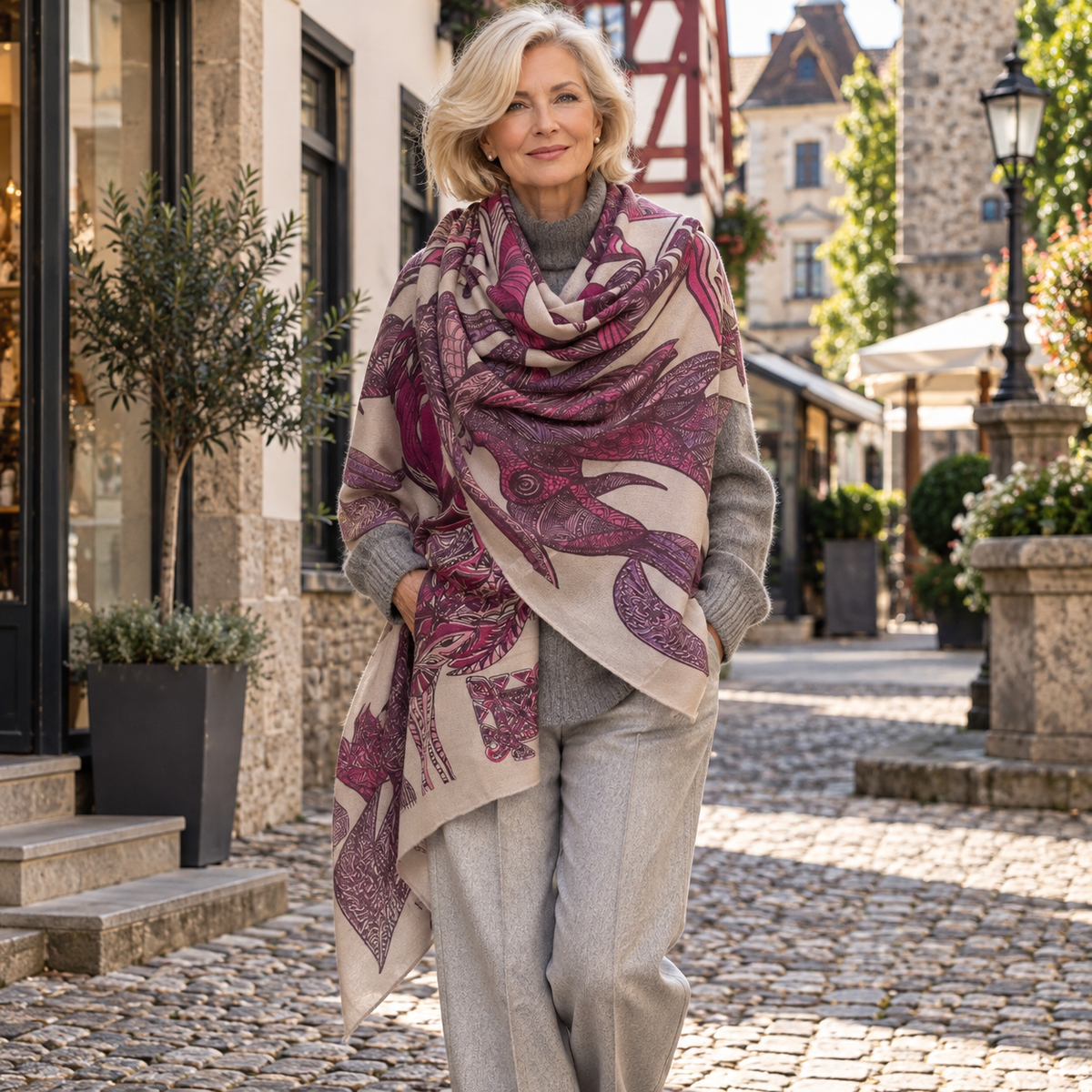 FLAMINGO GARDEN - Kaschmir Cape/Stola - sanftes cashmere natur Beige und diverse Pink und Pflaume und Bordeaux Töne - Limited Edition #3