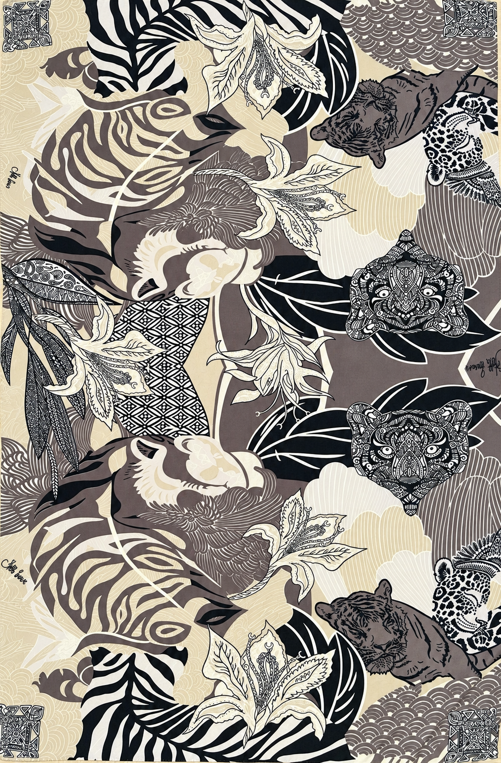WILD FAMILY BONDS - leichter Kaschmirschal - beige black & taupe - Limitiert auf 5 Stück