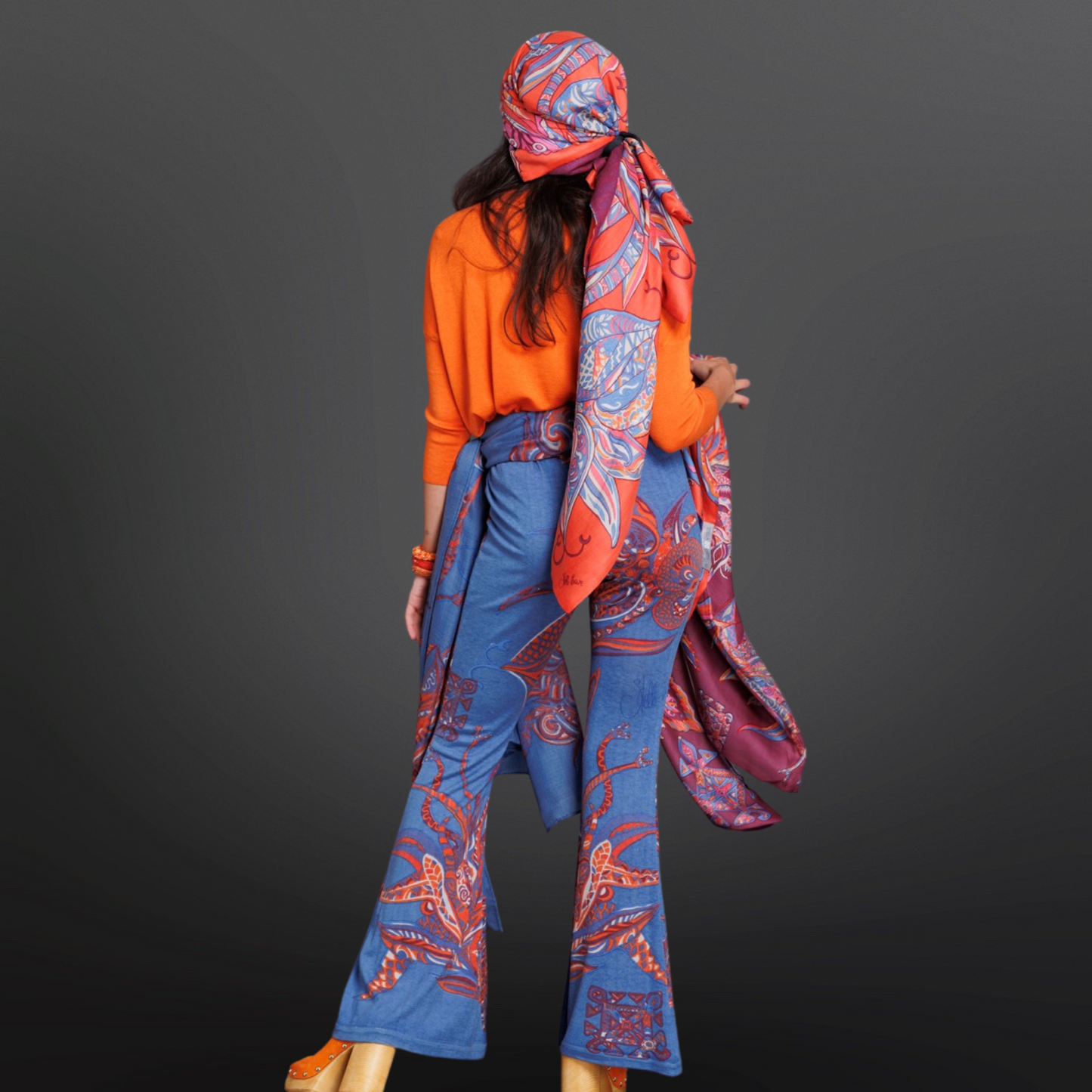 Feinstrick Kaschmirseiden Hose 70/30 mit Schlag - Handbedruckt - soulflowers - Unikat - orange&blue