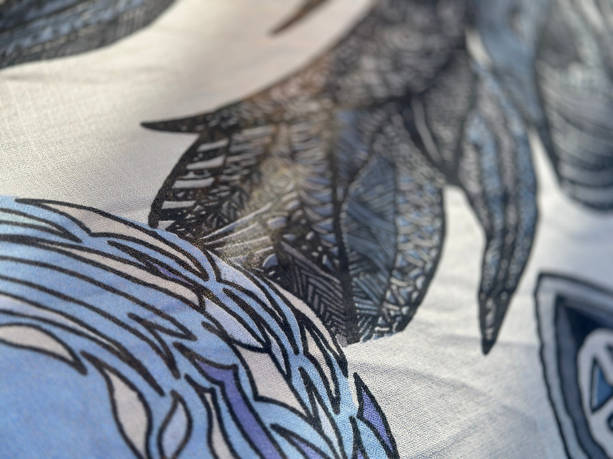 Kaschmir XL Schal „FLAMINGO GARDENS“ Limited Edition / Cashmere beige& Blues