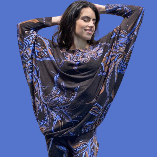 SOUL LEAVES Baby-Kaschmir Pullover, Fledermaus-Ärmel, braun&blau, ldt.