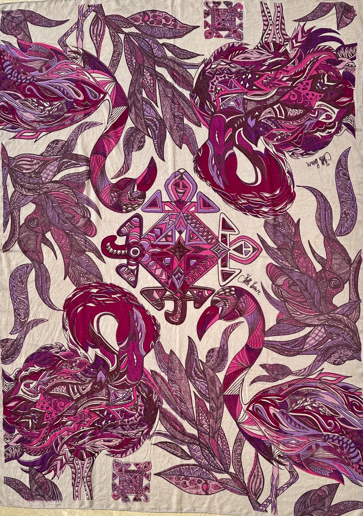 Kaschmir XL Schal „FLAMINGO GARDENS“ Limited Edition / Cashmere Beige & Plum & Berry tones