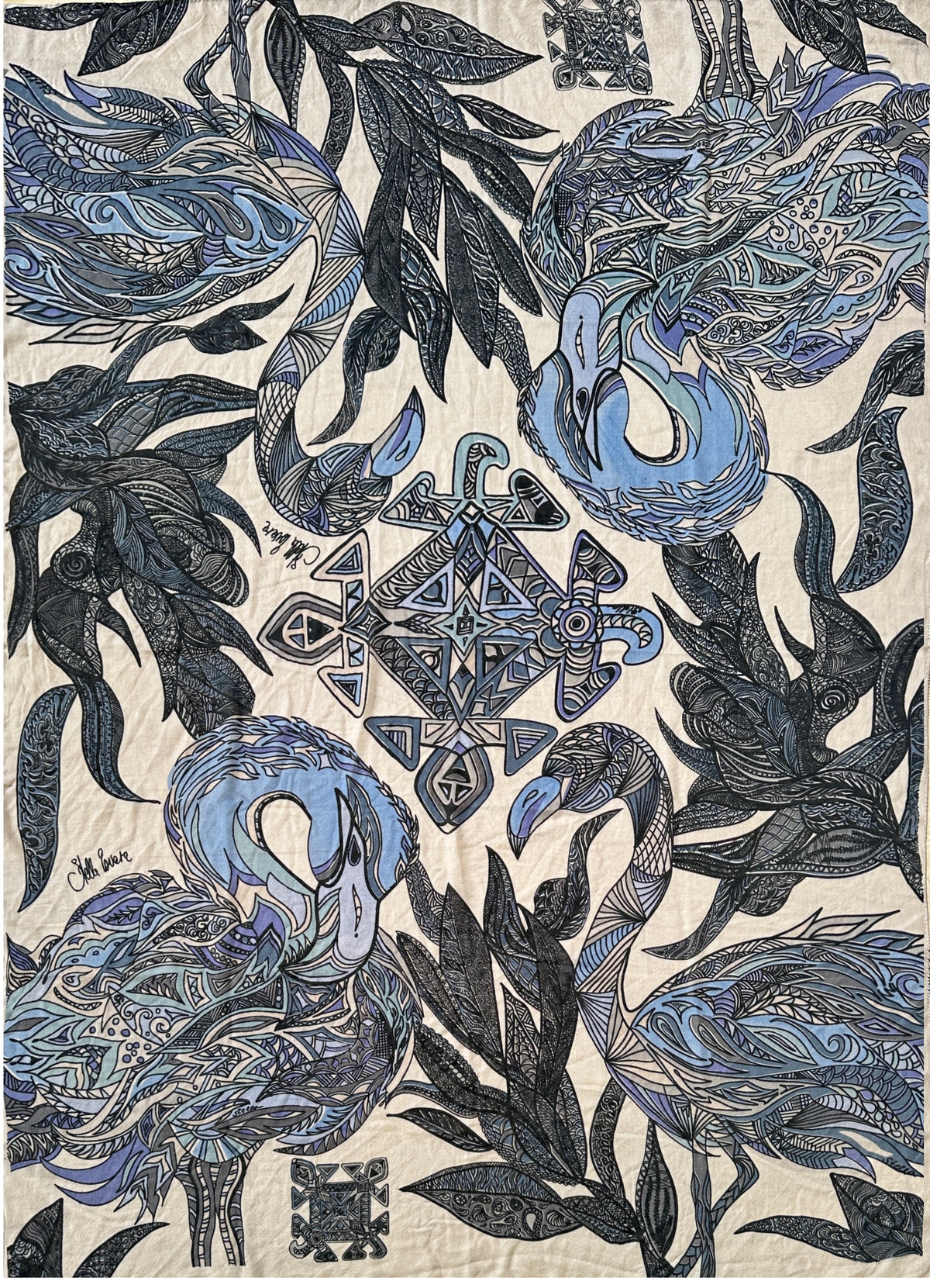 FLAMINGO GARDEN - Kaschmir Cape/Stola - sanfte cashmere  beige, grau und blau Töne - Limited Edition #3