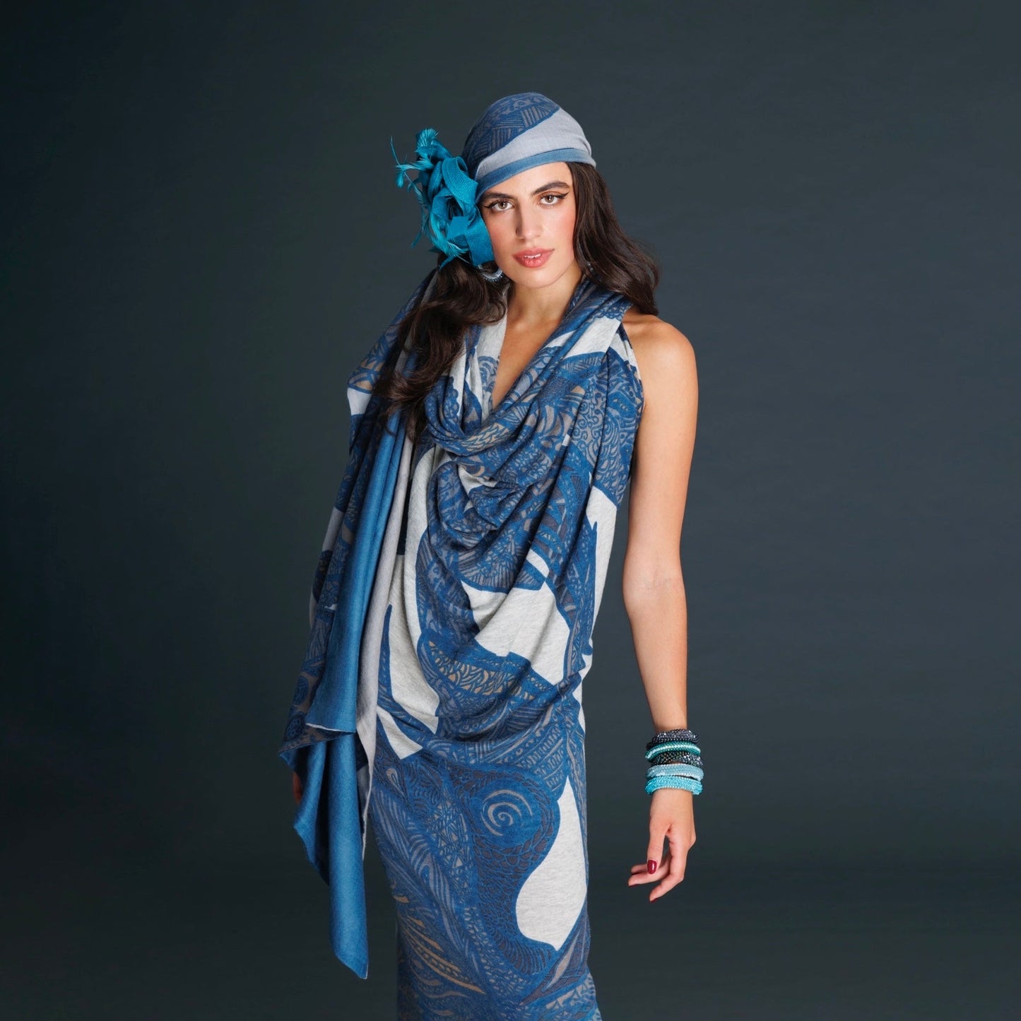 Cashmere stole or dress - SOUL LEAVES 100% cashmere fine knit XL 200x200 - blue petrol &amp; greige
