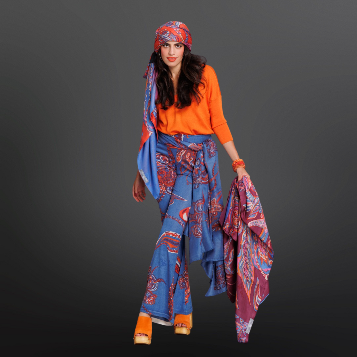 Fine knit cashmere silk trousers 70/30 with flare - hand printed - soulflowers - unique - orange&amp;blue