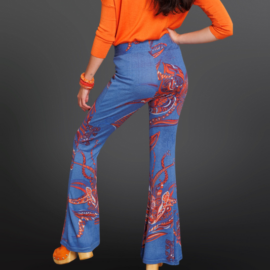 Fine knit cashmere silk trousers 70/30 with flare - hand printed - soulflowers - unique - orange&amp;blue