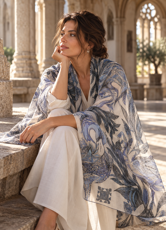 FLAMINGO GARDENS - 
Kaschmir XL Schal - Limited Edition / Cashmere beige& Blues