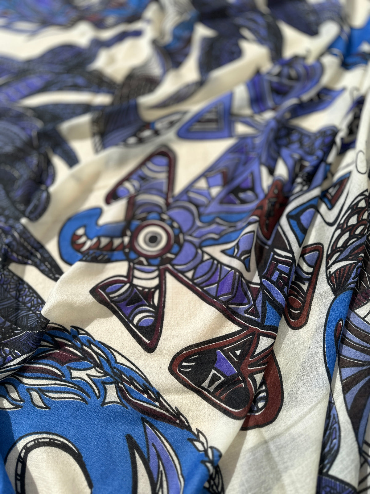 Kaschmir XL Schal „FLAMINGO GARDENS“ Limited Edition / Creme, Blues & Cabernet