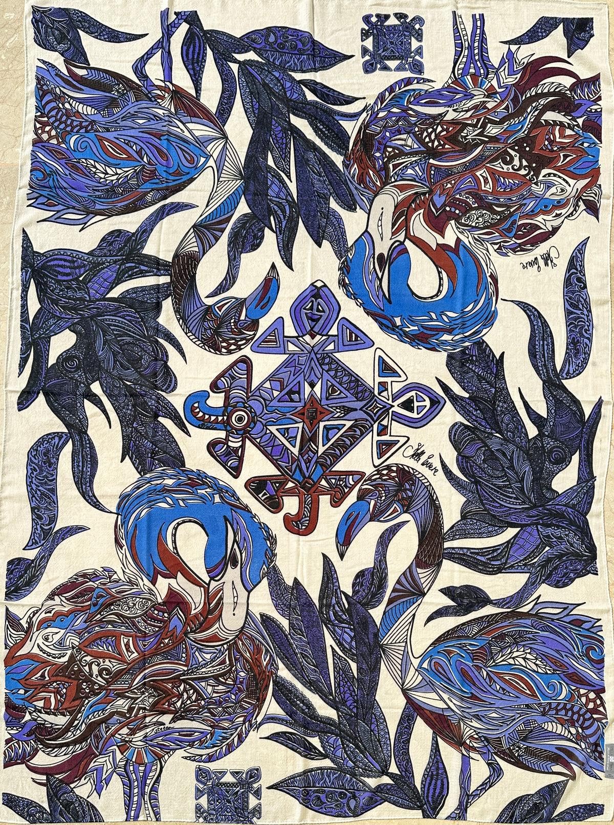 FLAMINGO GARDEN - Kaschmir Cape/Stola - Creme, blau, schwarz, braun und Pflaume - Limited Edition #3