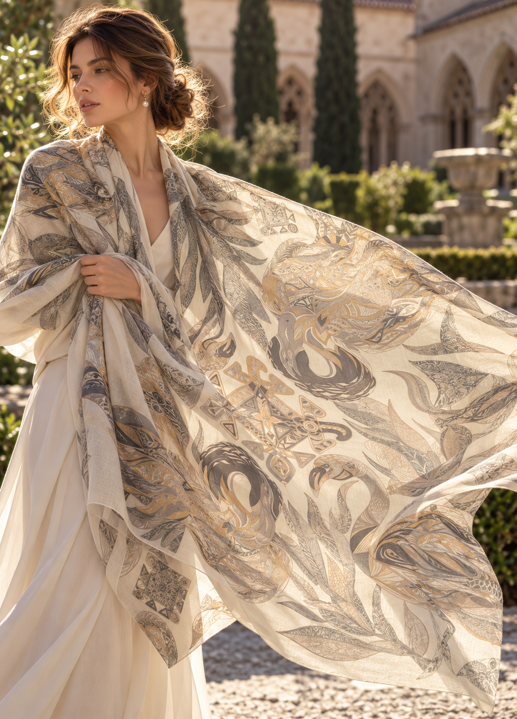 Kaschmir XL Schal „FLAMINGO GARDENS“ Limited Edition / Light beige and creme tones