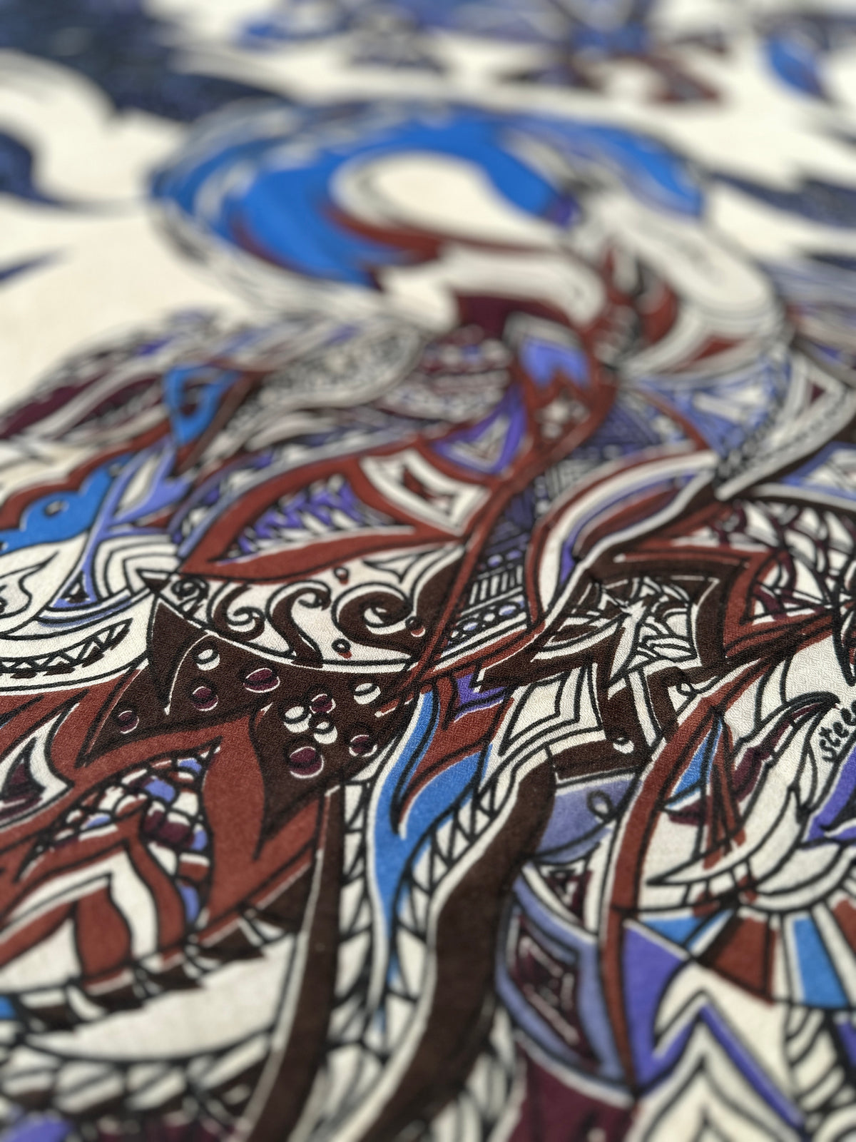 Kaschmir XL Schal „FLAMINGO GARDENS“ Limited Edition / Creme, Blues & Cabernet