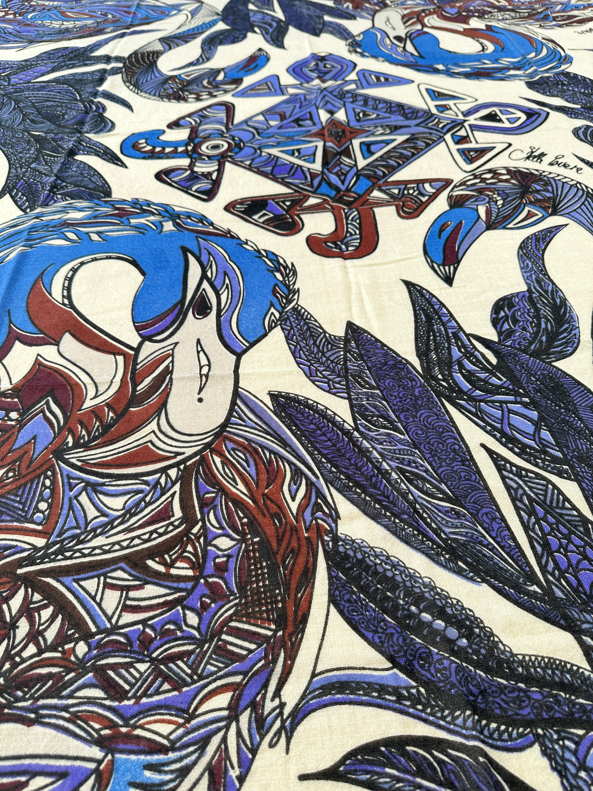 Kaschmir XL Schal „FLAMINGO GARDENS“ Limited Edition / Creme, Blues & Cabernet