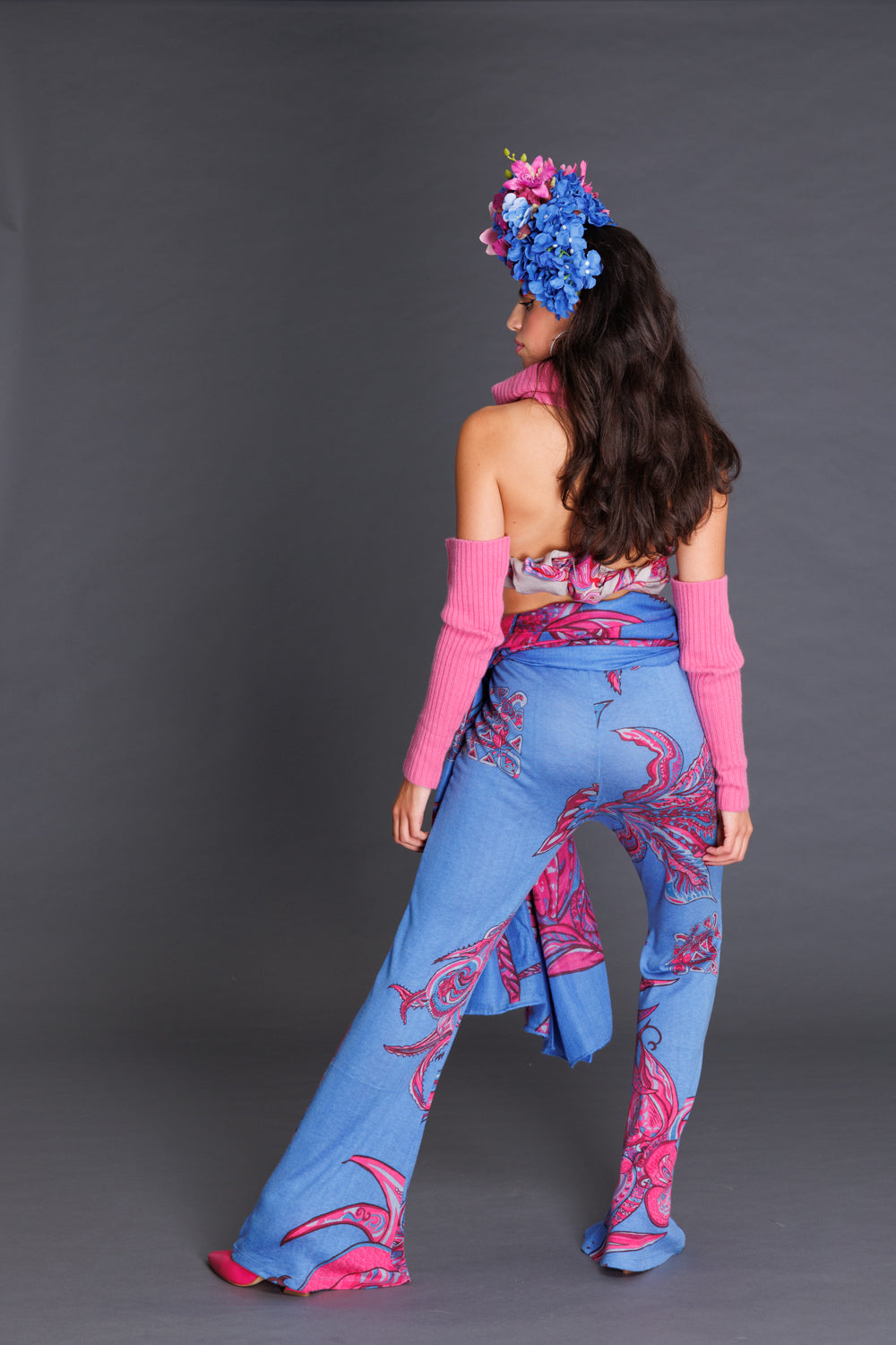 Fine knit cashmere silk trousers 70/30 with flare - SOUL FLOWERS - hand printed - unique - pink&amp;blue