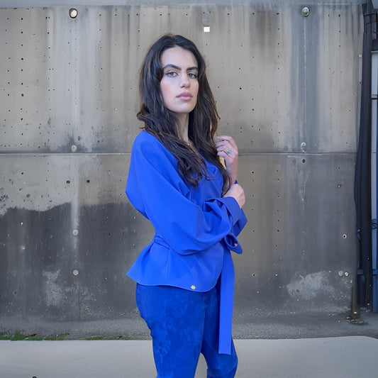 Wickelbluse aus Jersey, royalblau