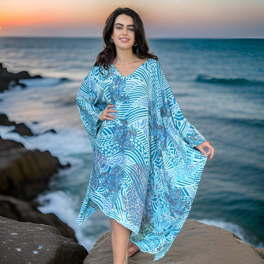 DEEP OCEAN Kaftan, Natur-Seide, handgewoben, türkis & blau, Unikat