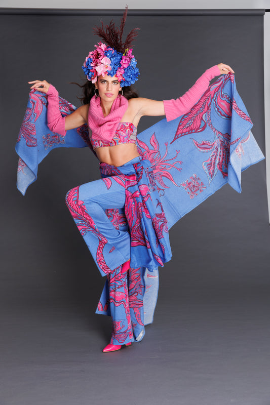 Feinstrick Kaschmirseiden Hose 70/30 mit Schlag - SOUL FLOWERS - Handbedruckt - Unikat - pink&blue