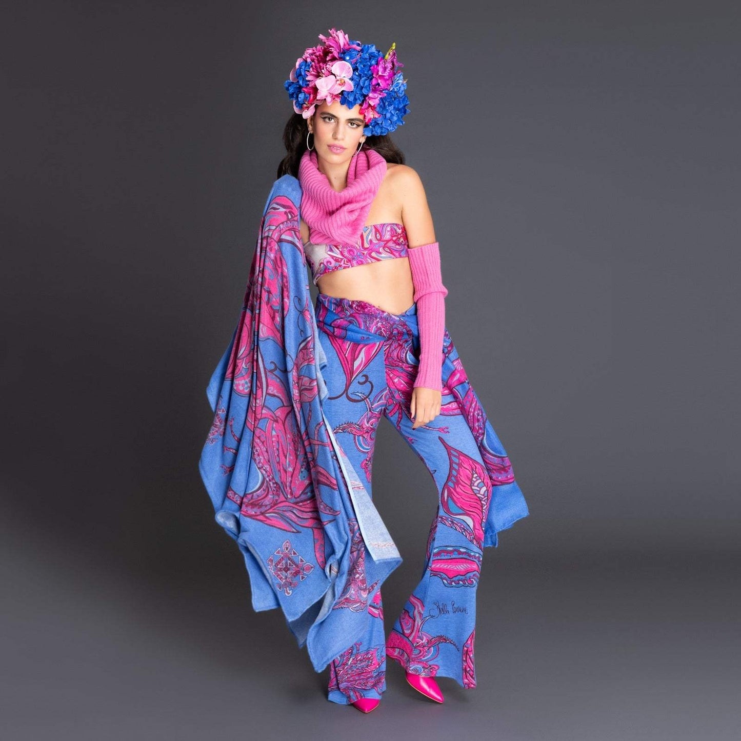 Cape SOUL FLOWERS 100% Kaschmir Stola, pink & Blue LIMITED EDITION 4/5