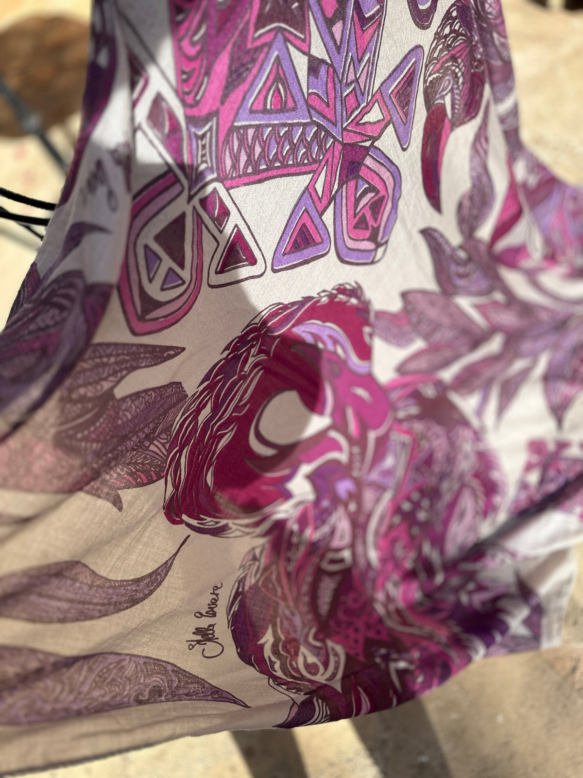 Kaschmir XL Schal „FLAMINGO GARDENS“ Limited Edition / Cashmere Beige & Plum & Berry tones