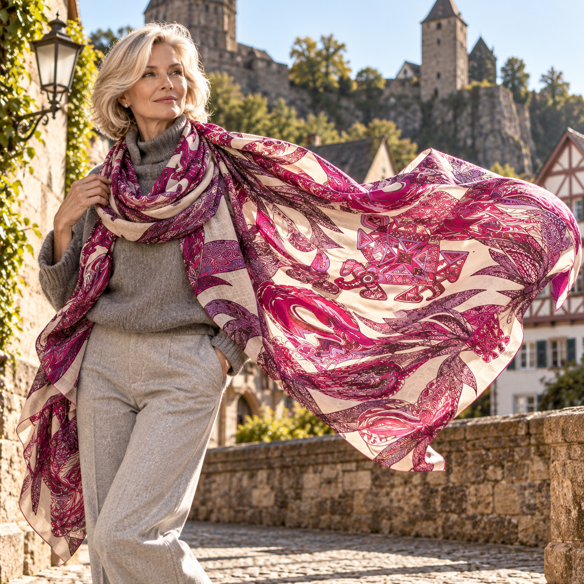 FLAMINGO GARDEN - Kaschmir Cape/Stola - sanftes cashmere natur Beige und diverse Pink und Pflaume und Bordeaux Töne - Limited Edition #3