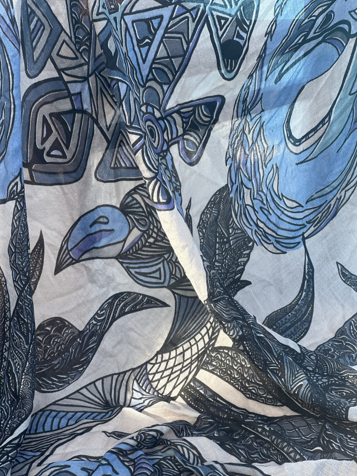 Kaschmir XL Schal „FLAMINGO GARDENS“ Limited Edition / Cashmere beige& Blues