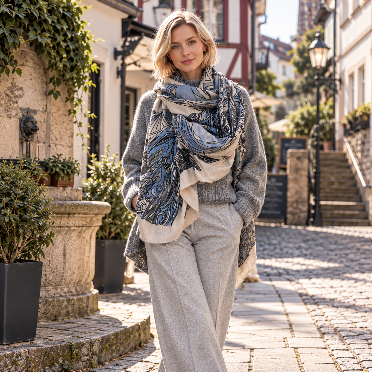 FLAMINGO GARDEN - Kaschmir Cape/Stola - sanfte cashmere  beige, grau und blau Töne - Limited Edition #3
