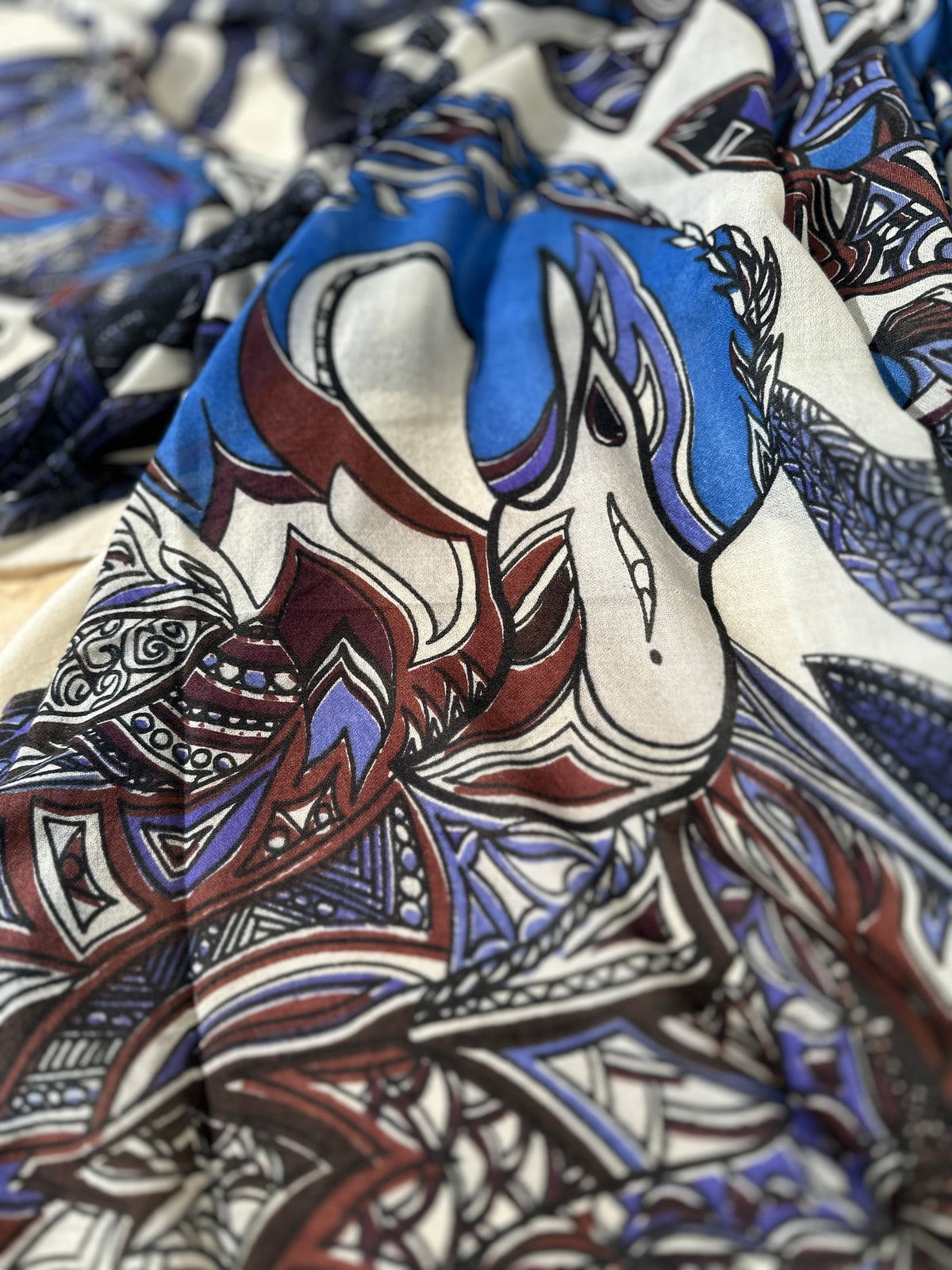 Kaschmir XL Schal „FLAMINGO GARDENS“ Limited Edition / Creme, Blues & Cabernet