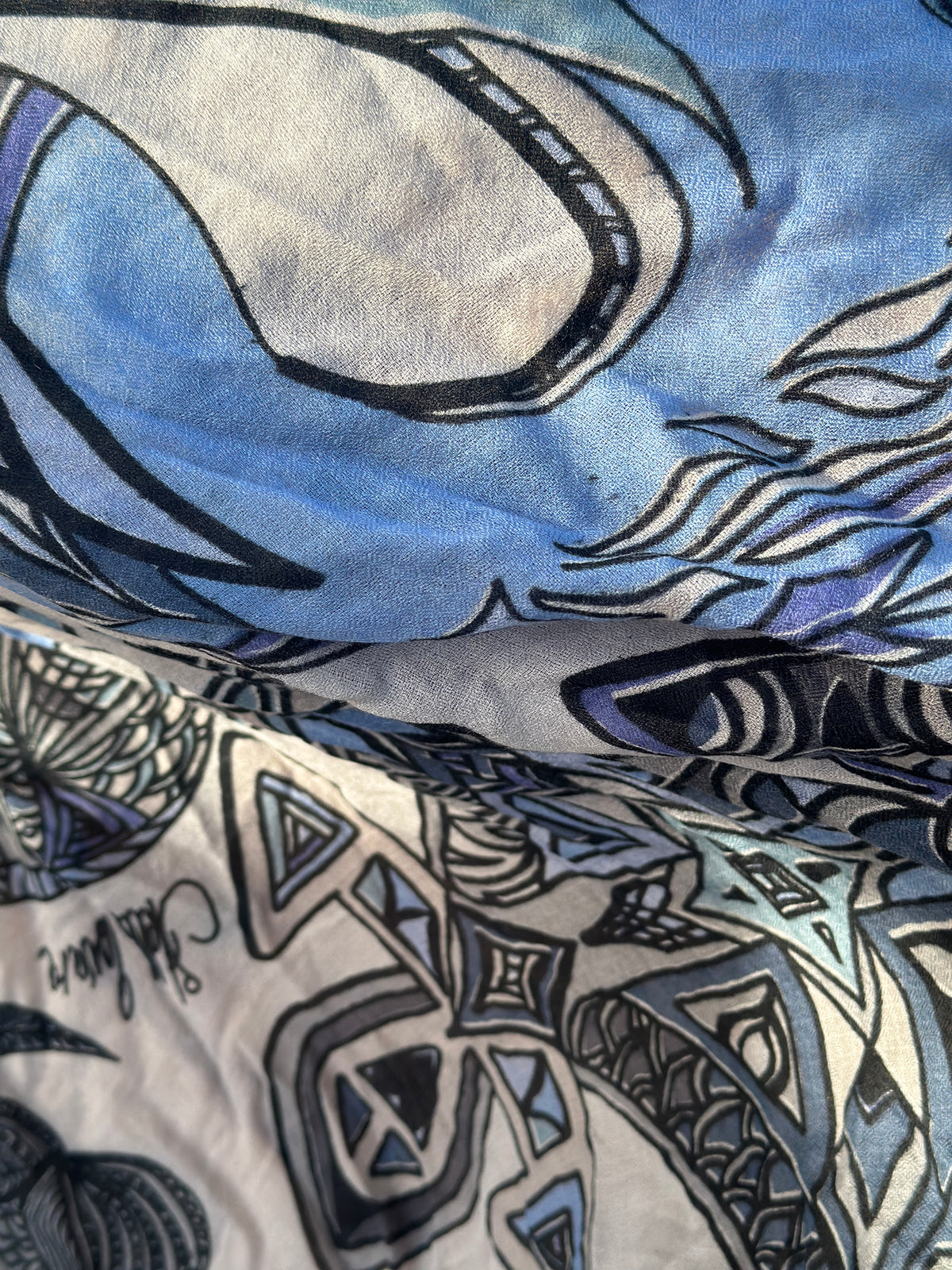 Kaschmir XL Schal „FLAMINGO GARDENS“ Limited Edition / Cashmere beige& Blues