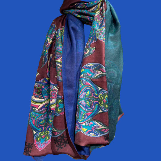 TURTLE LOVE Doubleface Kaschmir & Seiden Schal - 200x100 - Bordeaux & grűn, blau, türkis