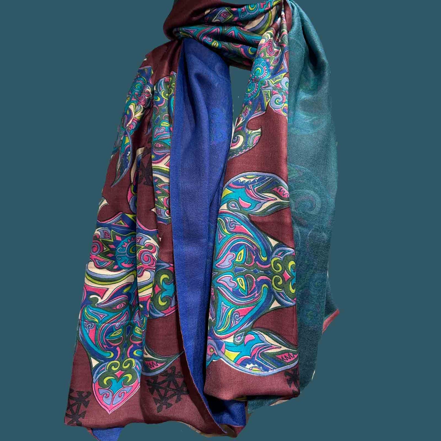 TURTLE LOVE Doubleface Kaschmir & Seiden-Schal - 200x100 - bordeaux/ petrol/ türkis - Limitiert #5