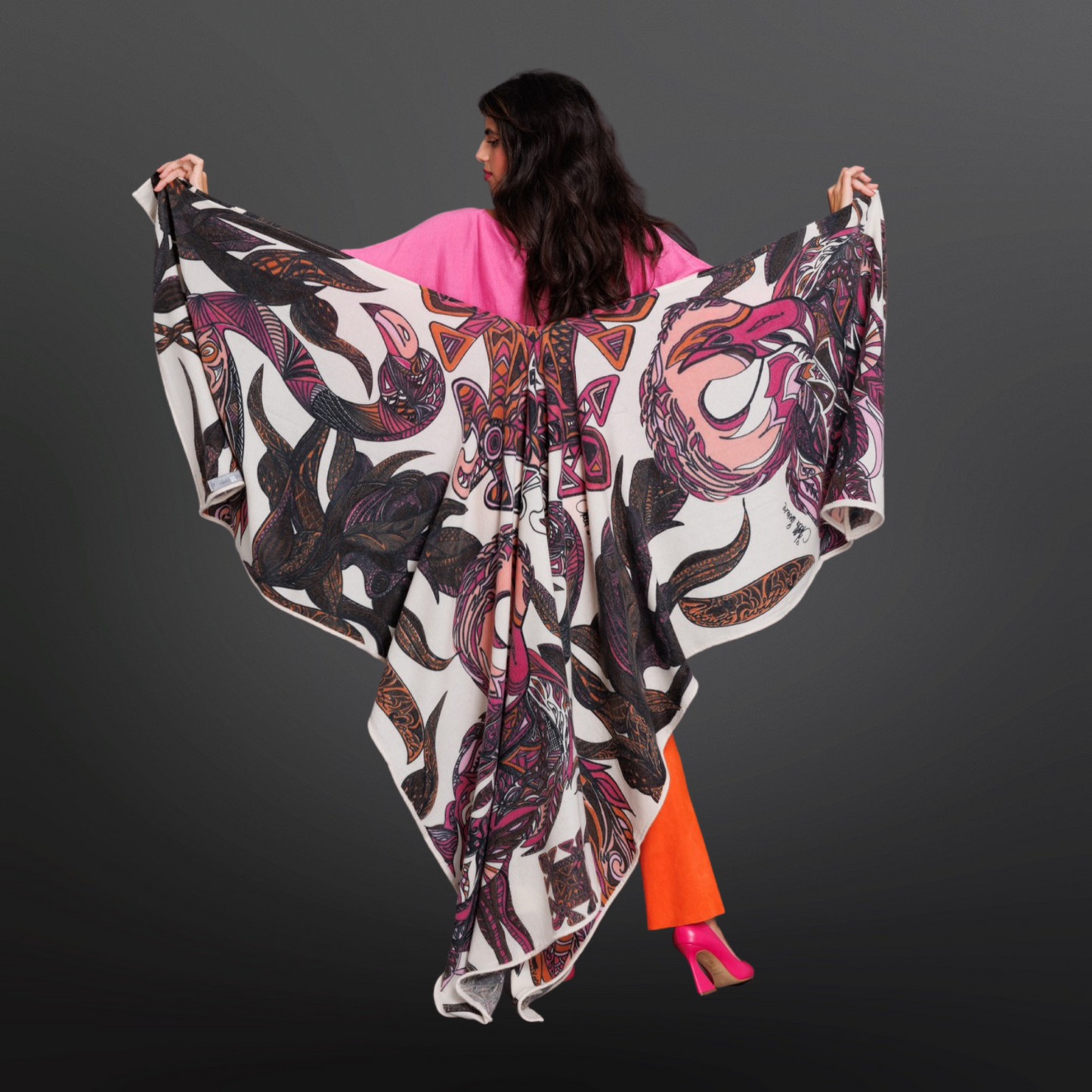 Cashmere stole - cape “FLAMINGO GARDEN” - pink &amp; mauve on white - 5 PIECES LIMITED