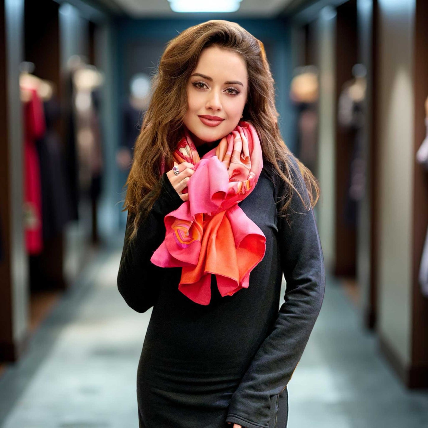 KOIS Schal doubleface, auf Seide bedruckt, 100x200, Rückseite 100% Kaschmir, Pink & Orange