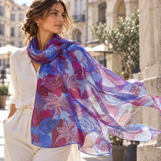 WILD FAMILY BONDS leichter Kaschmirschal, plum, pink purple & blues - Limitiert auf 3 Stück