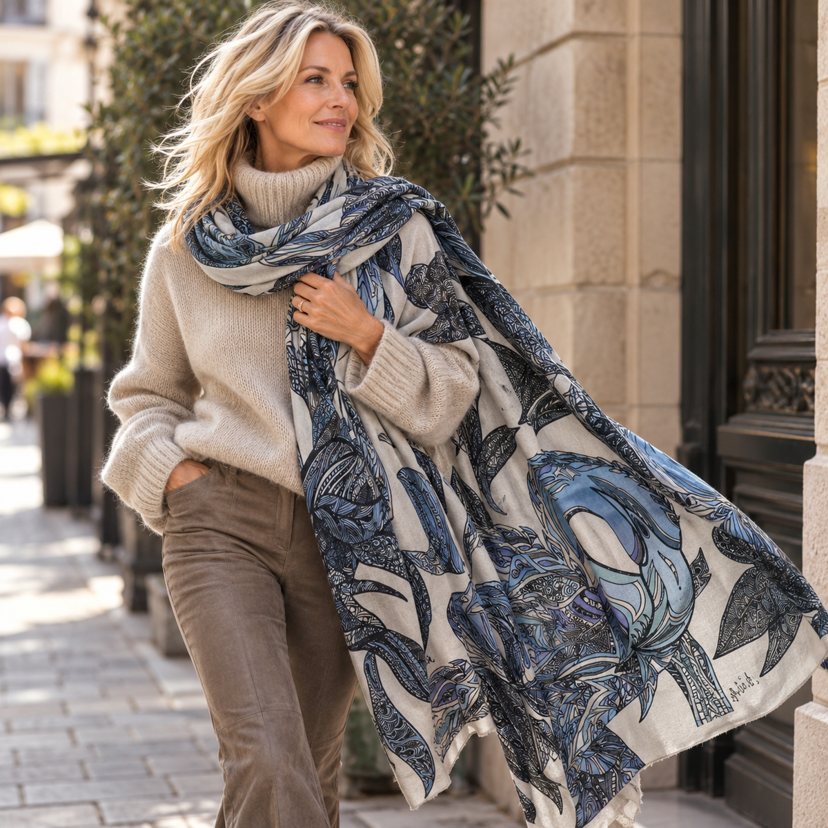 FLAMINGO GARDEN - Kaschmir Cape/Stola - sanfte cashmere  beige, grau und blau Töne - Limited Edition #3