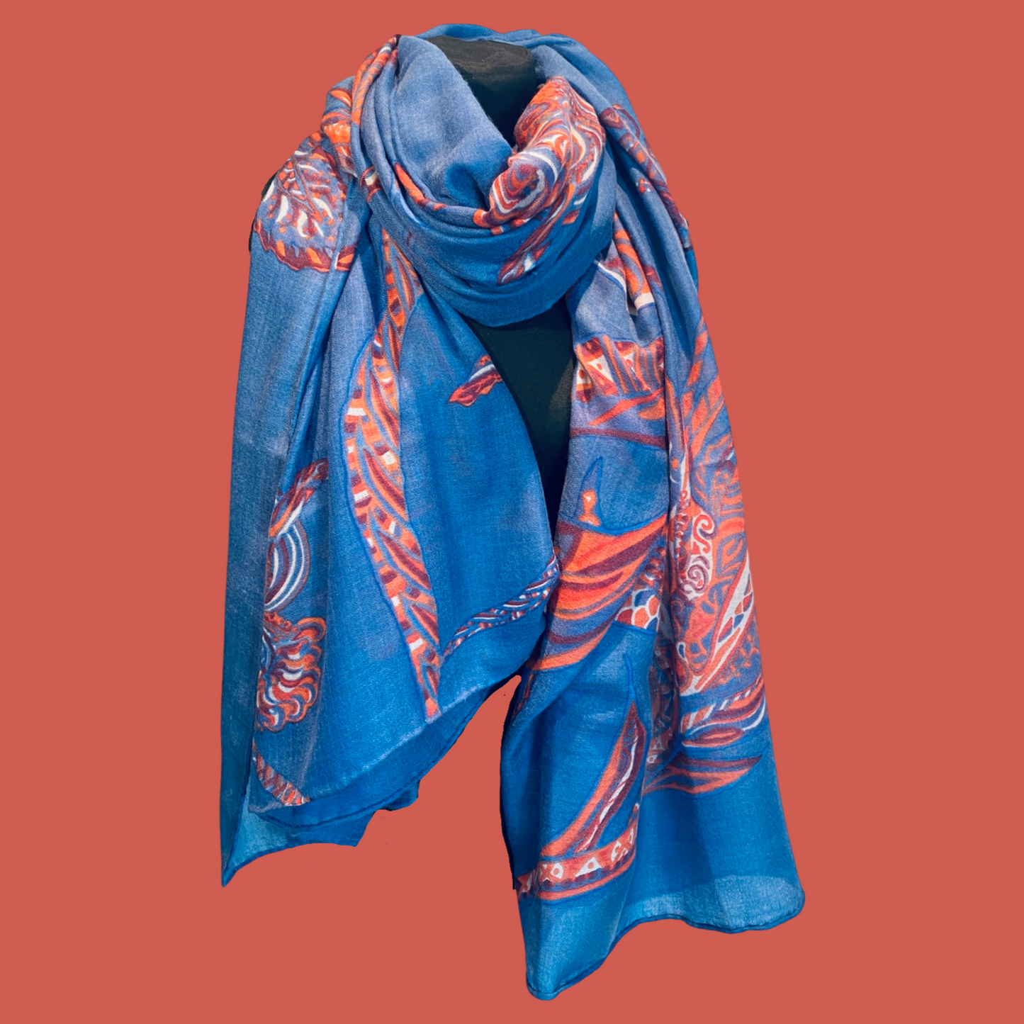"SOUL FLOWERS" cashmere scarf - Handwoven from 100% light baby cashmere - 220x120 - bue/orange - Limited to 5 pieces