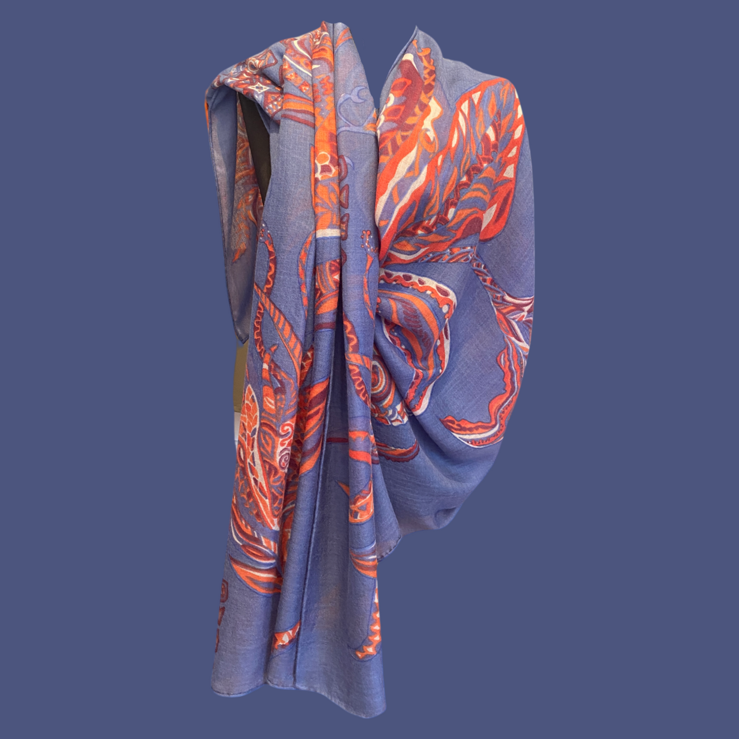 "SOUL FLOWERS" cashmere scarf - Handwoven from 100% light baby cashmere - 220x120 - bue/orange - Limited to 5 pieces