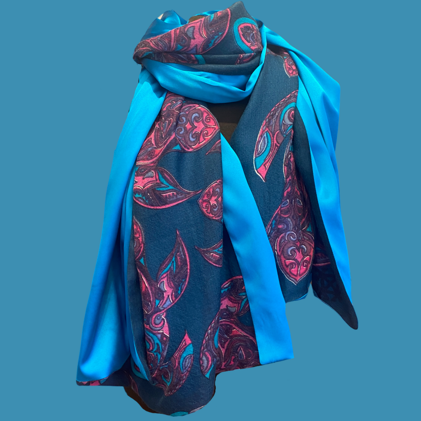 Scarf two-layer, doubleface printed on silk motif "TURTLE LOVE" 100x200 back satin silk aqua turquoise - UNIQUE