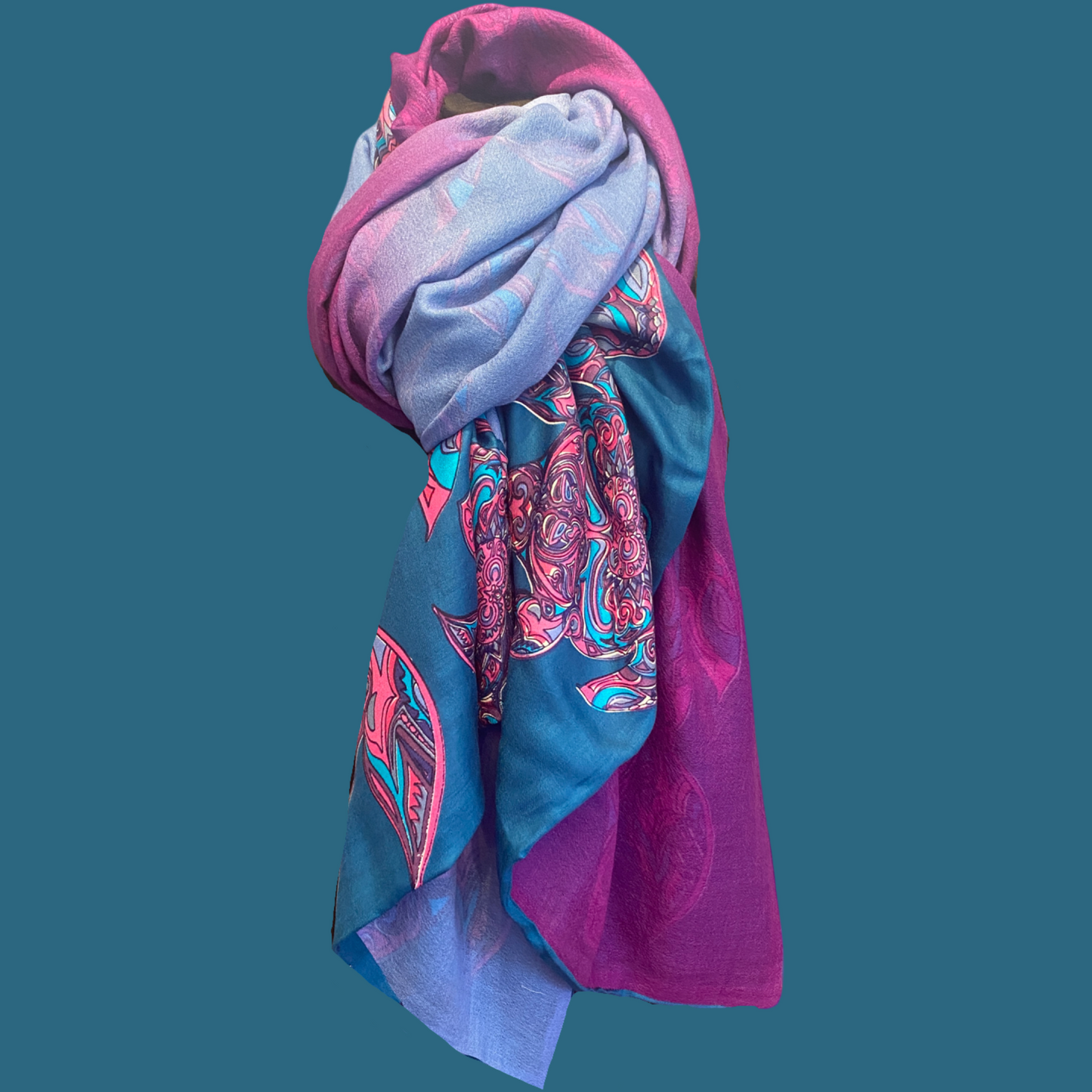 Scarf two-layer, double face printed on silk motif "TURTLE LOVE" 100x200 back 100% cashmere in color gradient - Limited #5