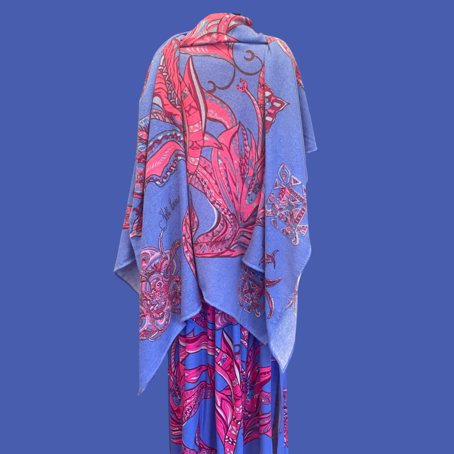 Cape SOUL FLOWERS 100% Kaschmir Stola, pink & Blue LIMITED EDITION 4/5