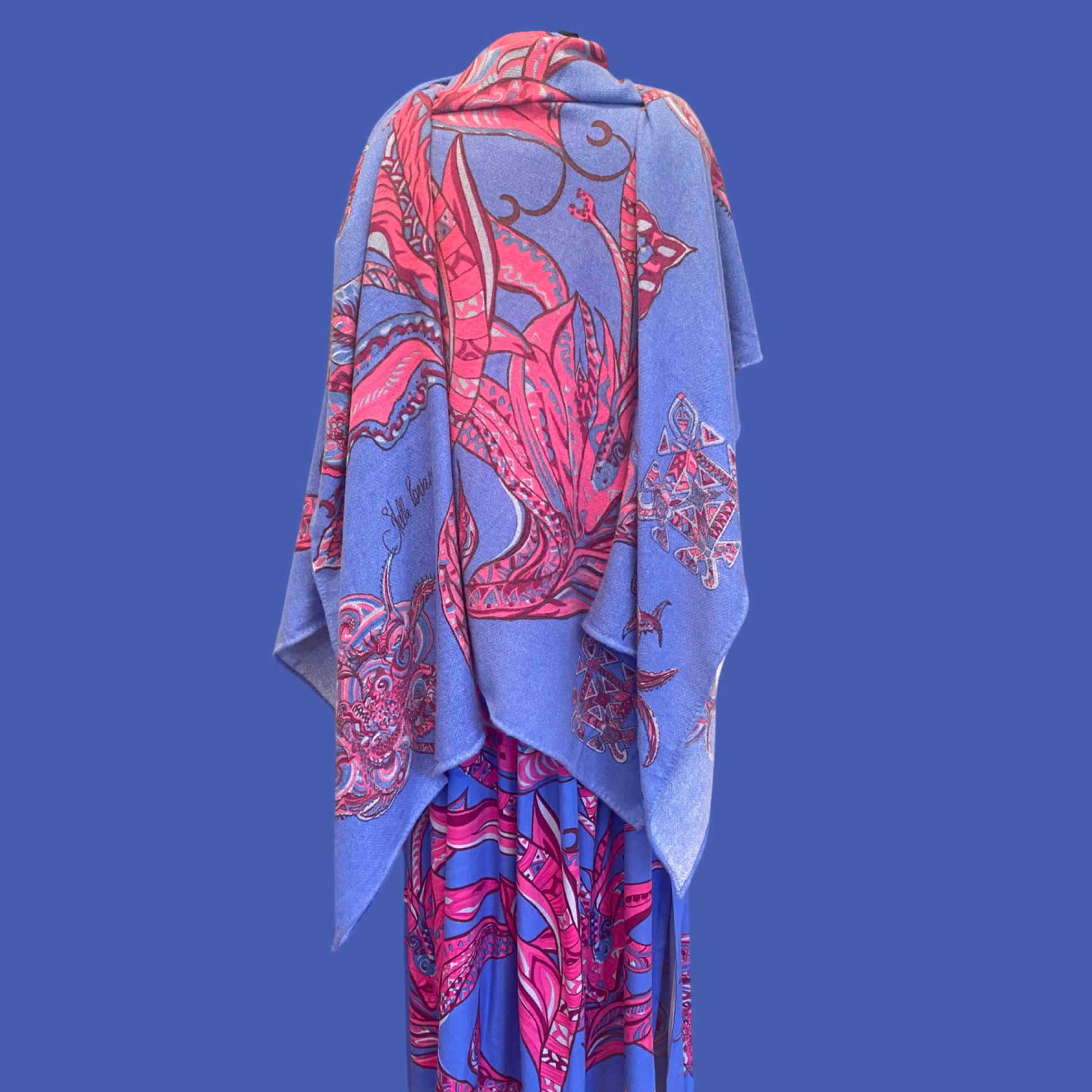 Cape SOUL FLOWERS 100% Kaschmir Stola, pink & Blue LIMITED EDITION 4/5