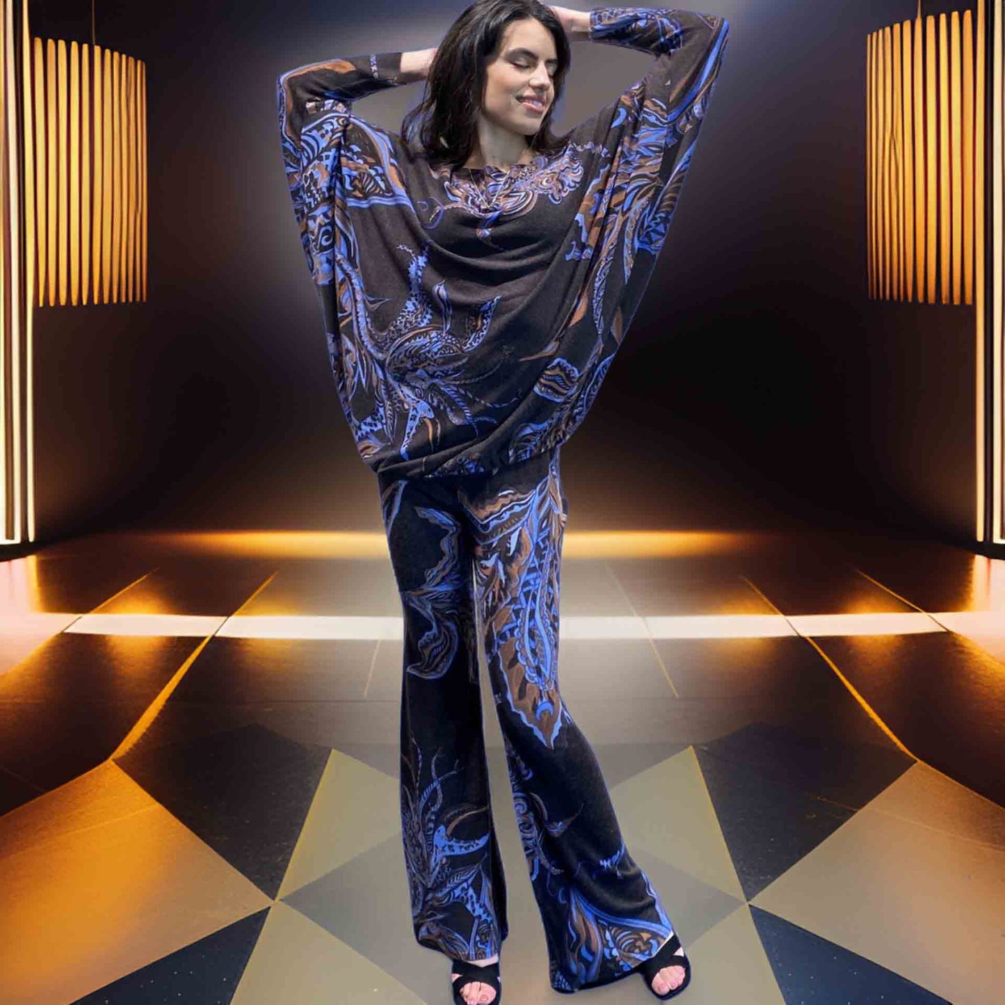 SOUL LEAVES Baby-Kaschmir Pullover, Fledermaus-Ärmel, braun&blau, ldt.