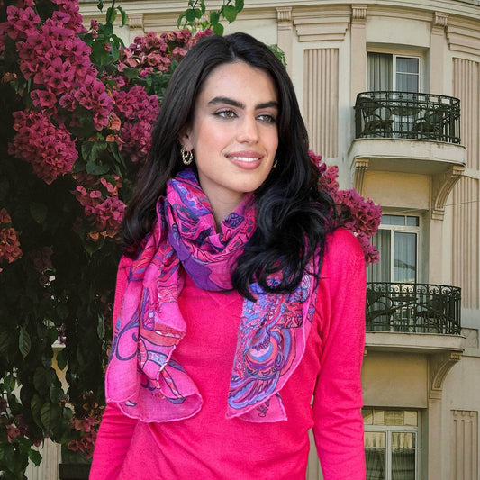 BONDED IN GARDEN EDEN Tuch, 150x150 AAA Kaschmir Carré, pink magenta purple & turquoise LIMITED EDITION 2/8