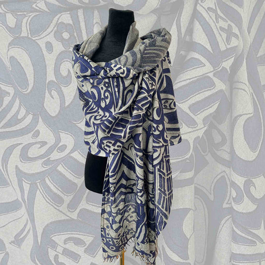 Schal LAST SAMURAI Kaschmir XL, superfine, 70 x 200 grau/blau, limited