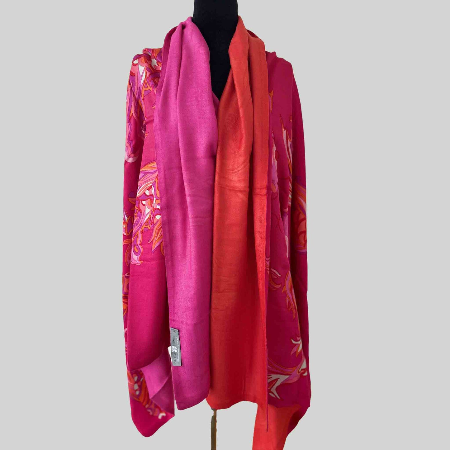 KOIS Schal doubleface, auf Seide bedruckt, 100x200, Rückseite 100% Kaschmir, Pink & Orange