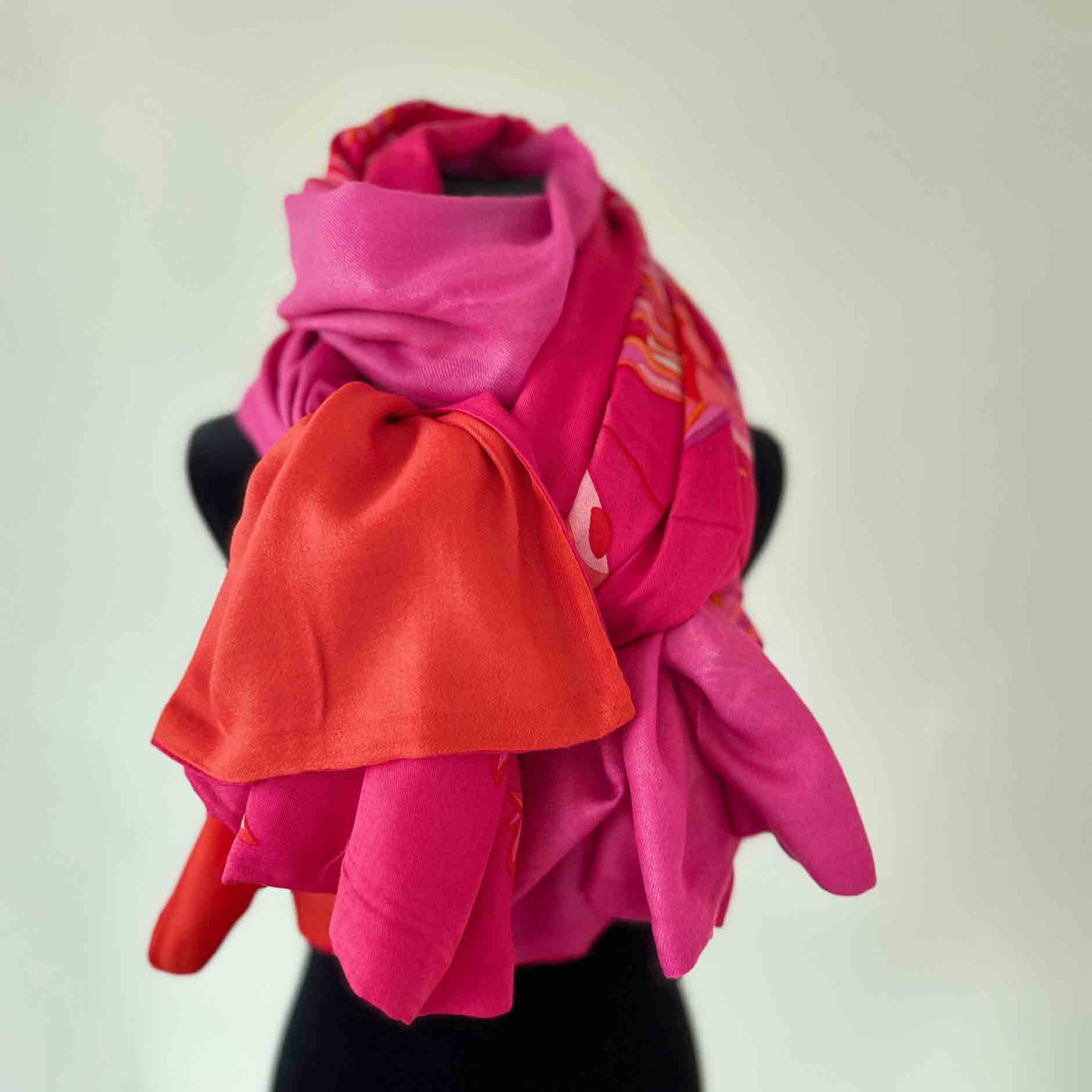 KOIS Schal doubleface, auf Seide bedruckt, 100x200, Rückseite 100% Kaschmir, Pink & Orange