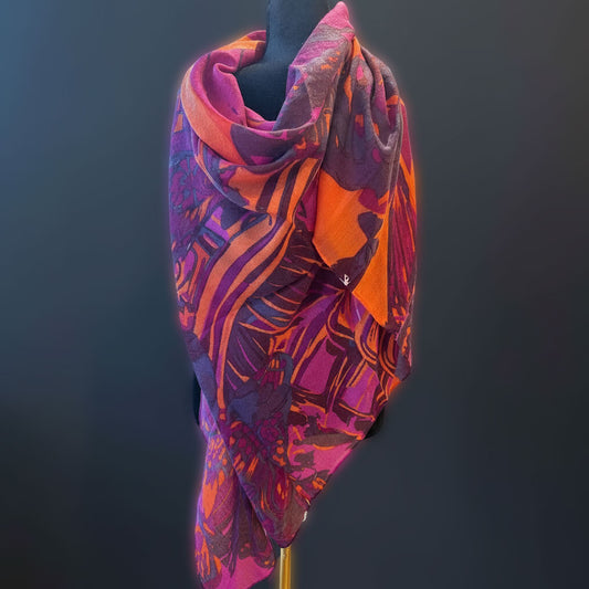 METAMORPHOSE Kaschmir Carre Tuch, Lila, Orange, Burgund, Brombeere, Pink. Limitiert 3/5