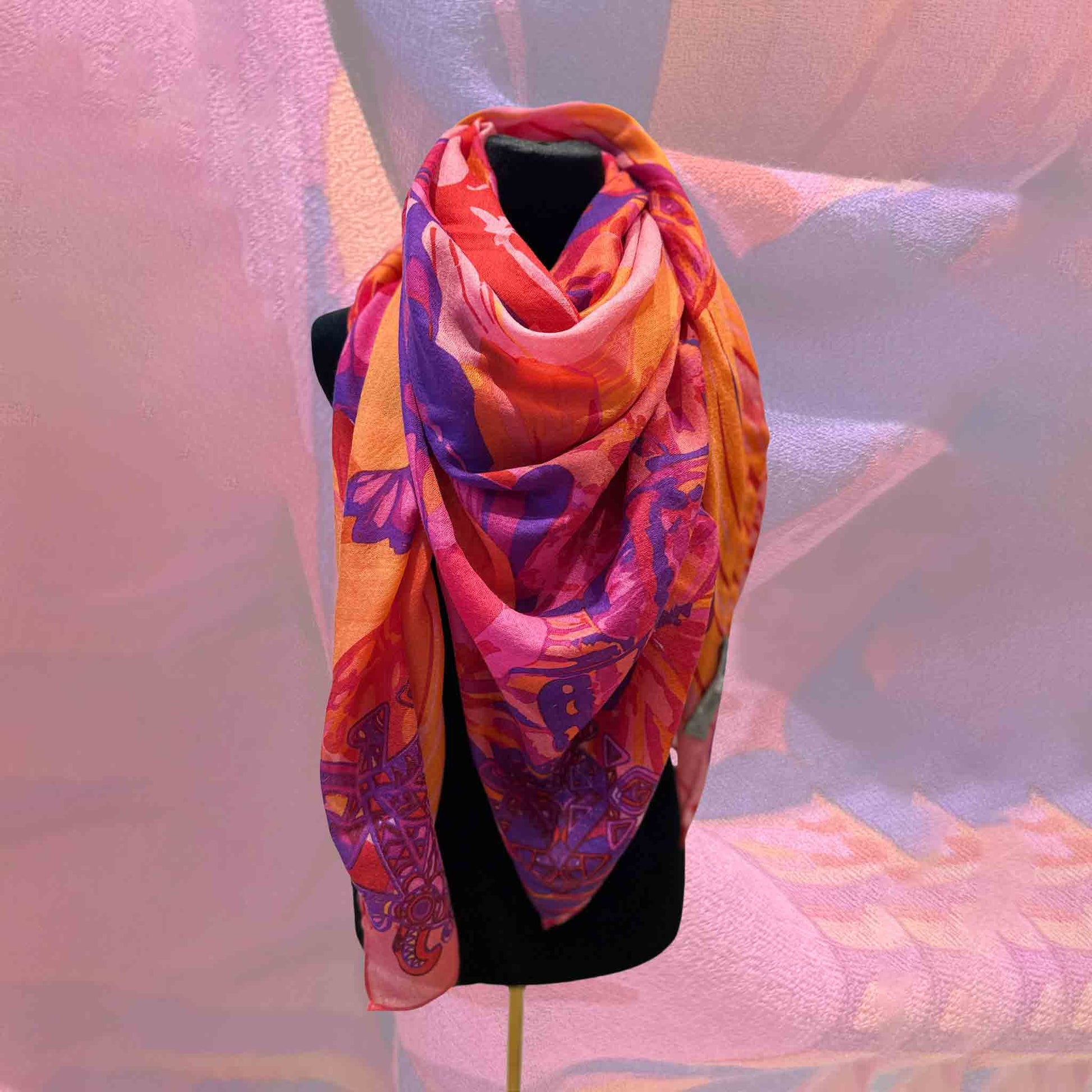 METAMORPHOSE Kaschmir Carre Tuch, Lila, Orange, Burgund, Pink. Limitiert 3/5